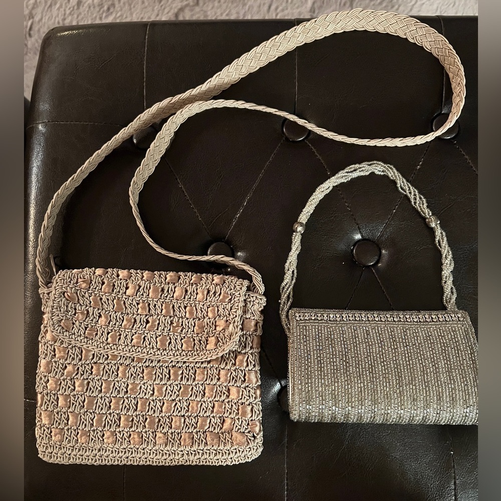 2 small purses - 1 silver party purse and 1 woven beige casual crossbody